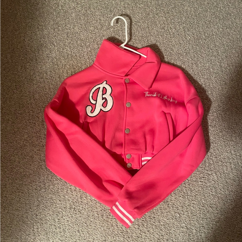 Pink Varsity Jacket with White Lettering